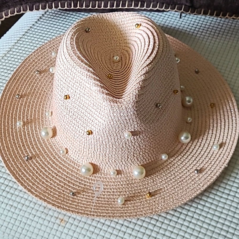 Elegant Pearl-Embellished Beige Hat